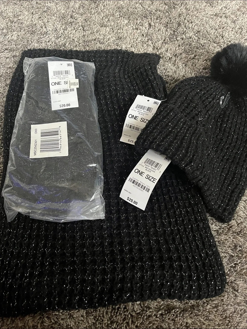 Style & Co. Black Knit Pom hat, gloves and Scarf Set! Black with some silver.